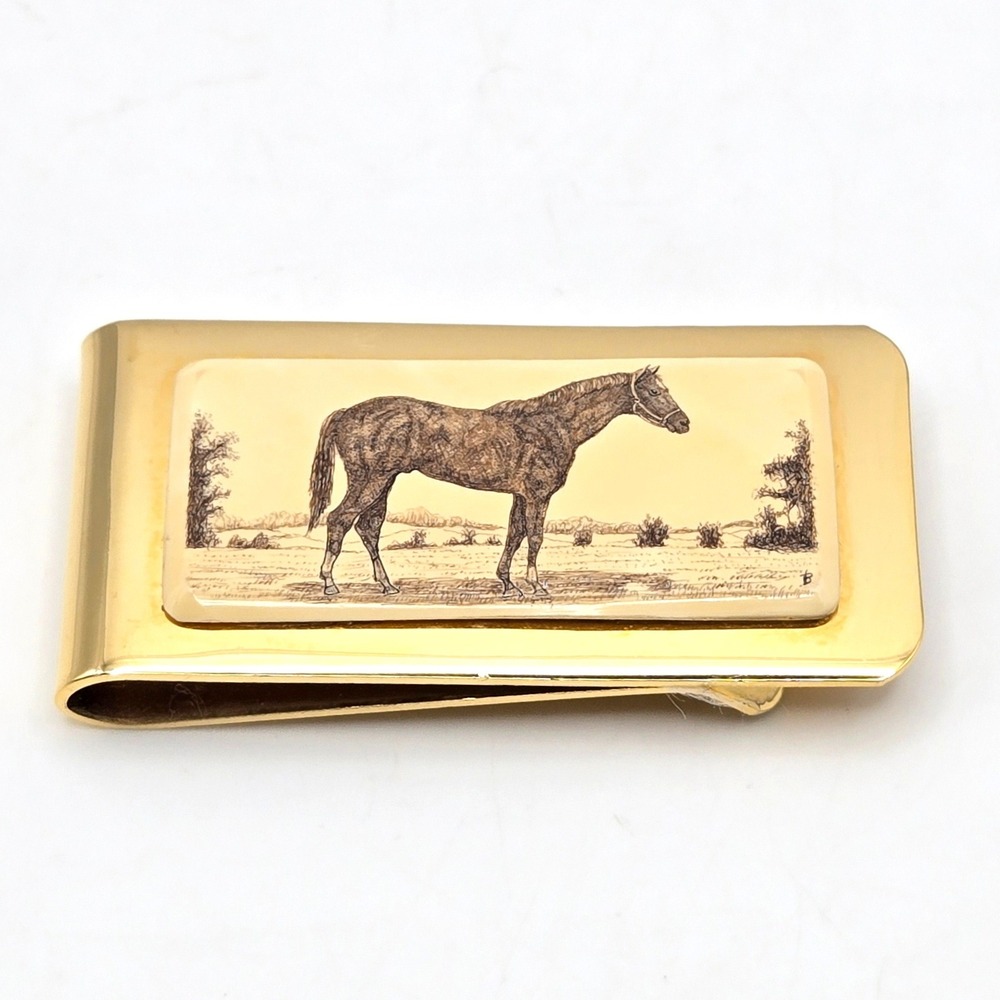 Vintage Barlow Scrimshaw Horse Money Clip Gold Tone Equestrian Accessory